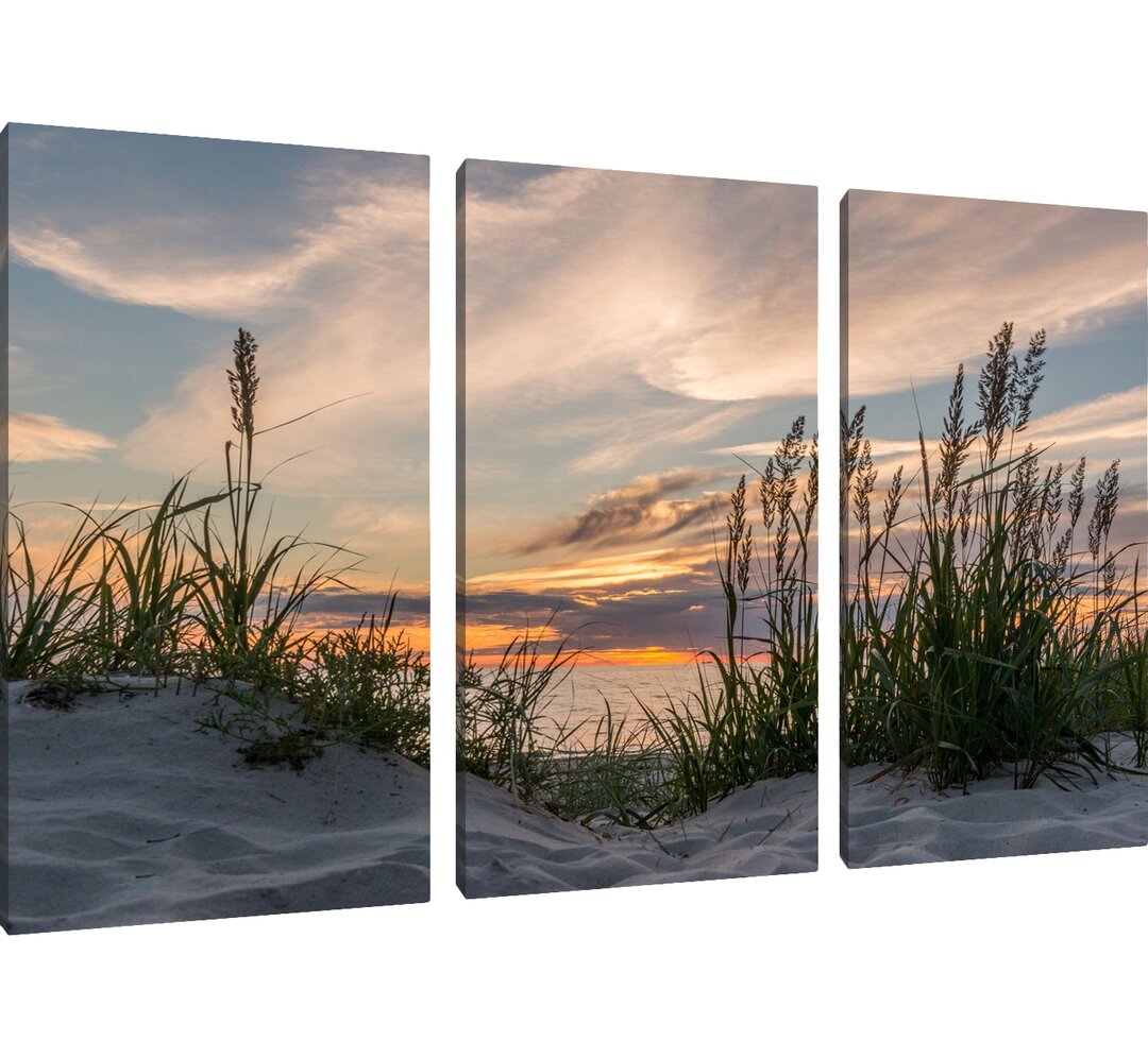 3-tlg. Leinwandbilder-Set „Gras am Strand bei Sonnenuntergang“, Fotodruck