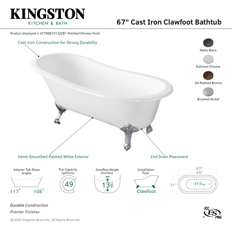 Kingston Brass Aqua Eden 67-Inch Cast Iron Oval Single Slipper Clawfoot Tub (No Faucet Drillings), Oil Rubbed Bronze