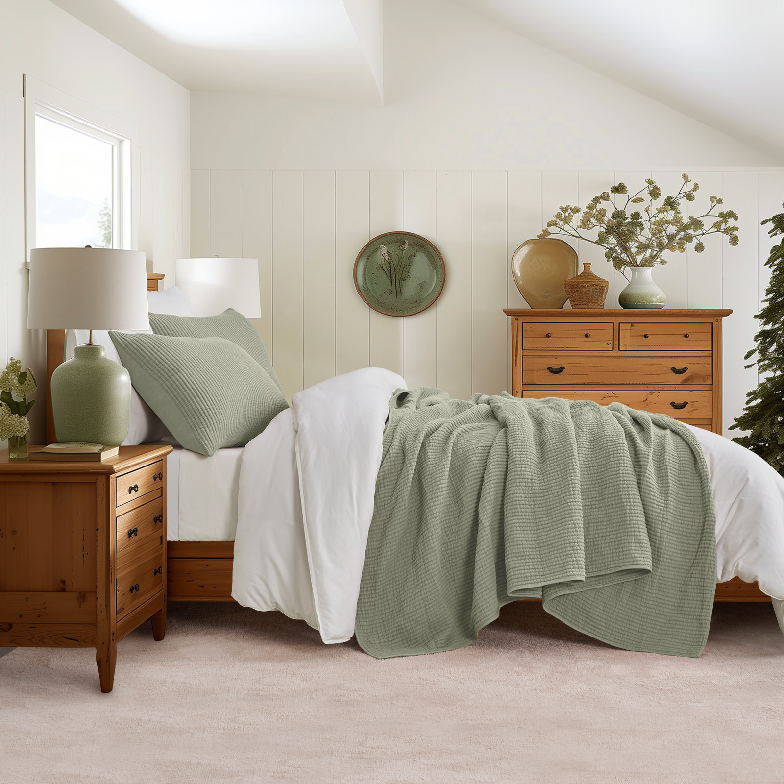 Ribbed Cotton Coverlet Set, King Quilt + 2 King Shams, Sage Green