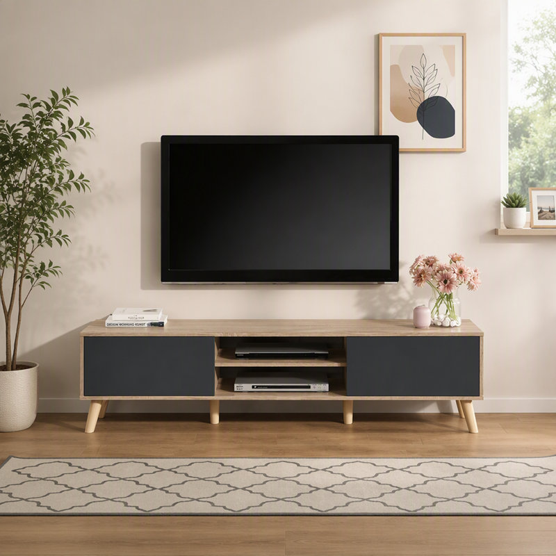 Meuble télé contemporain en faux bois avec étagères et placards de rangement