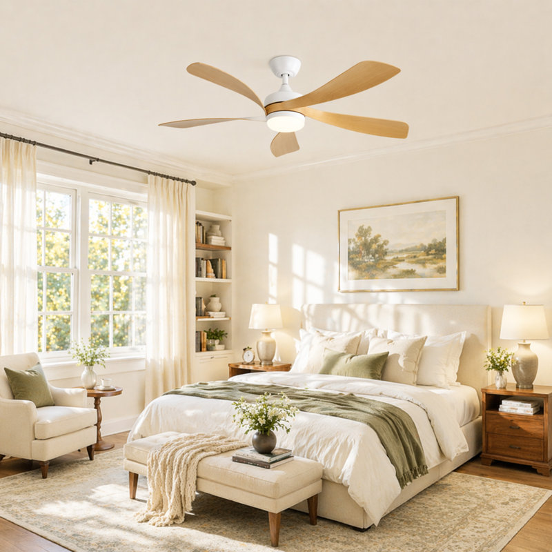 TurboBreeze 52'' - 5 Blade Modern Ceiling Fan with Dimmable Light Kit and Remote Control, White/Oak, 52" 