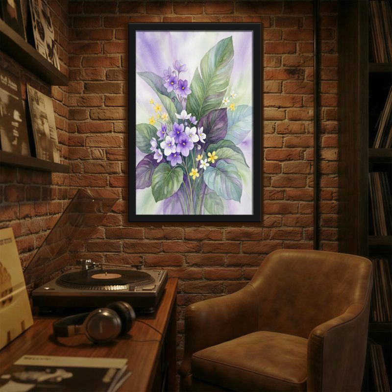 Plantes et fleurs fleurs mauves feuilles vertes fleurs jaunes, H 12 po x l 18 po