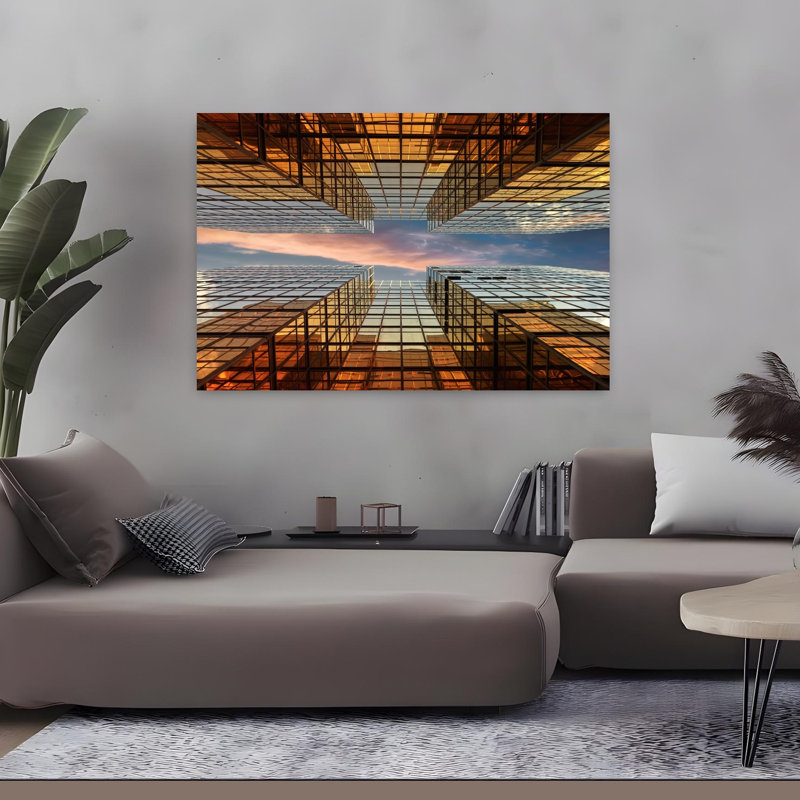 Massetti - Miroirs dorés, architecture contemporaine, art mural urbain, H 32 po x l 48 po