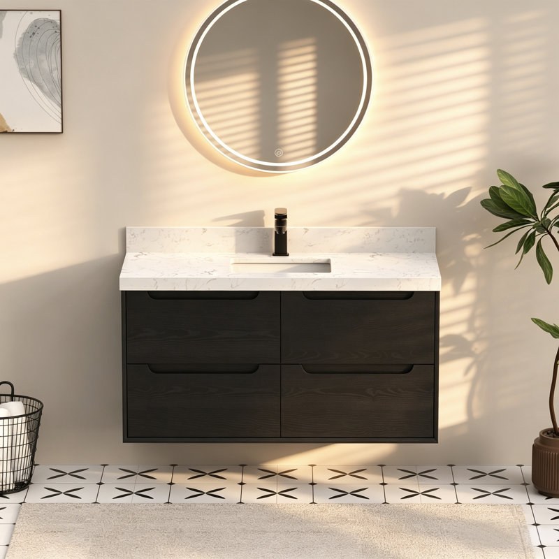 48" White Engineered Stone Vanity Top With Rectangular Ceramic Sink And 4" Backsplash