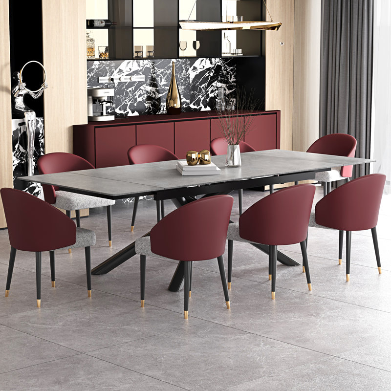 102'' Extendable Dining Table Set With Sintered Stone Dining Table And 8 Faux Leather Dining Chairs, Gray, Red/Gray