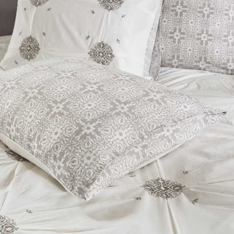 Malia 6 Piece Embroidered Cotton Reversible Comforter Set, Full/Queen Comforter+4 Shams+Throw Pillow, Ivory