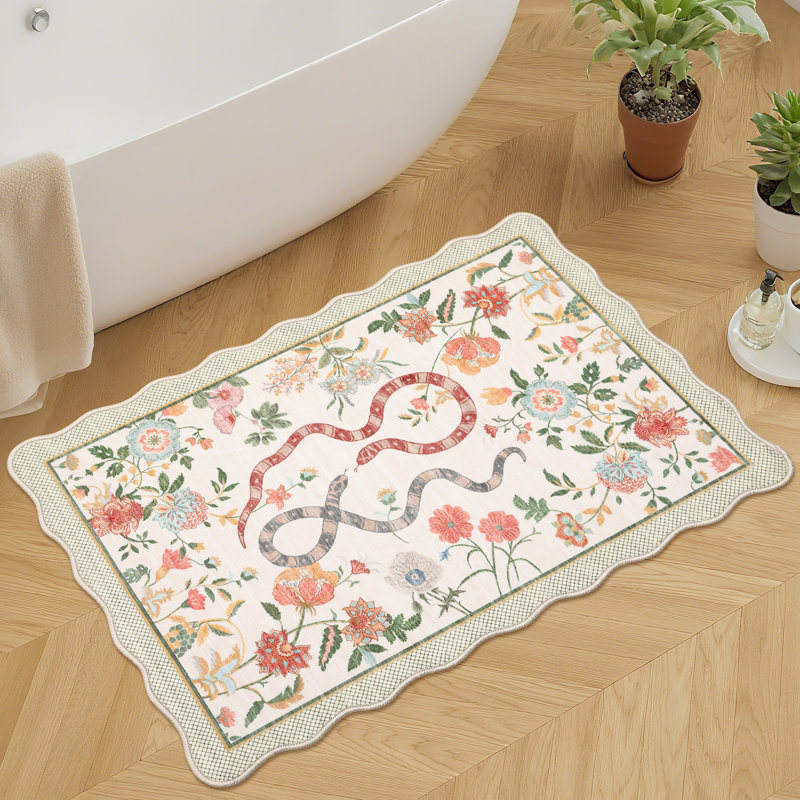 Farmhouse Floral Rug Washable Rug Non Slip Modern Scalloped Carpet, Soft Non Shedding Indoor Carpet, Low Pile Thin Foldable Printed Mat