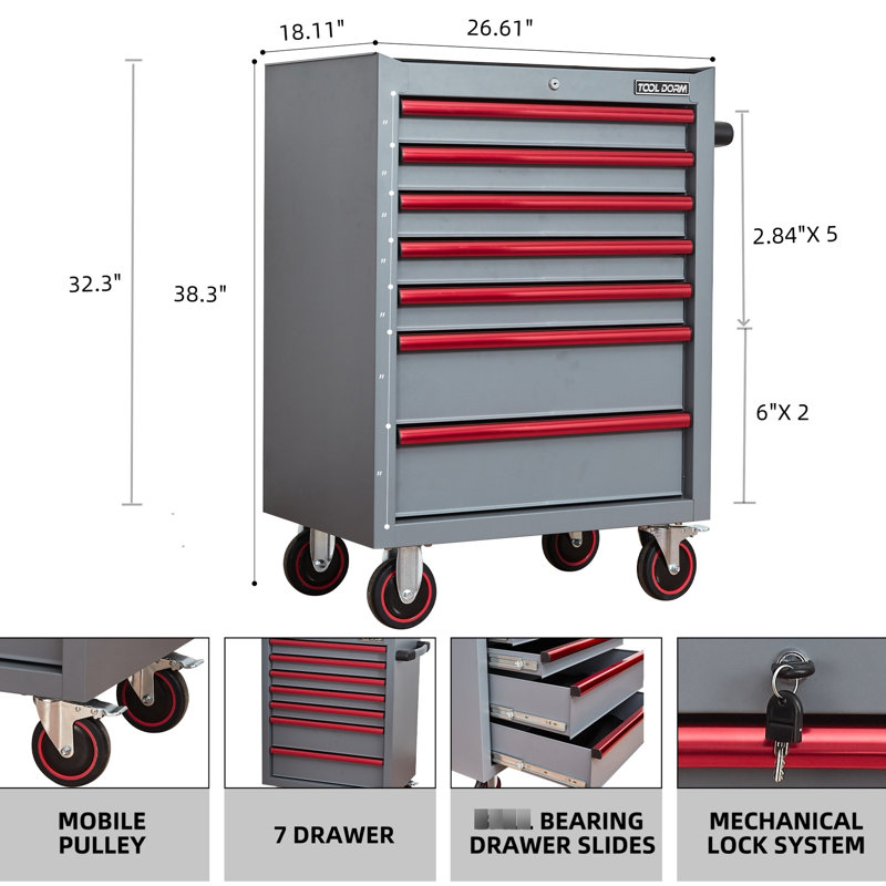 Armoire à outils 26,7 pouces avec fabrication en acier robuste, 7 tiroirs, glissières à roulement et serrure à clé, brun gris, cadre de boîte de tiroir en carbone, roues silencieuses, système de verrouillage, rangement spacieux, bleu et rouge