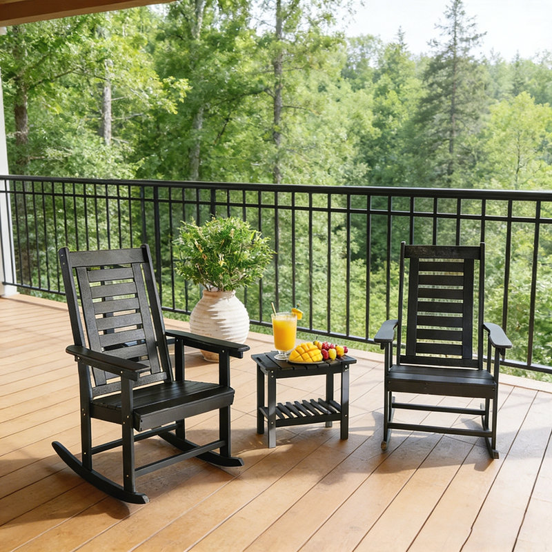 Outdoor Rocking Chair Set, 2 Pieces with Smooth Motion and HDPE Durability for Patio Relaxation, Black