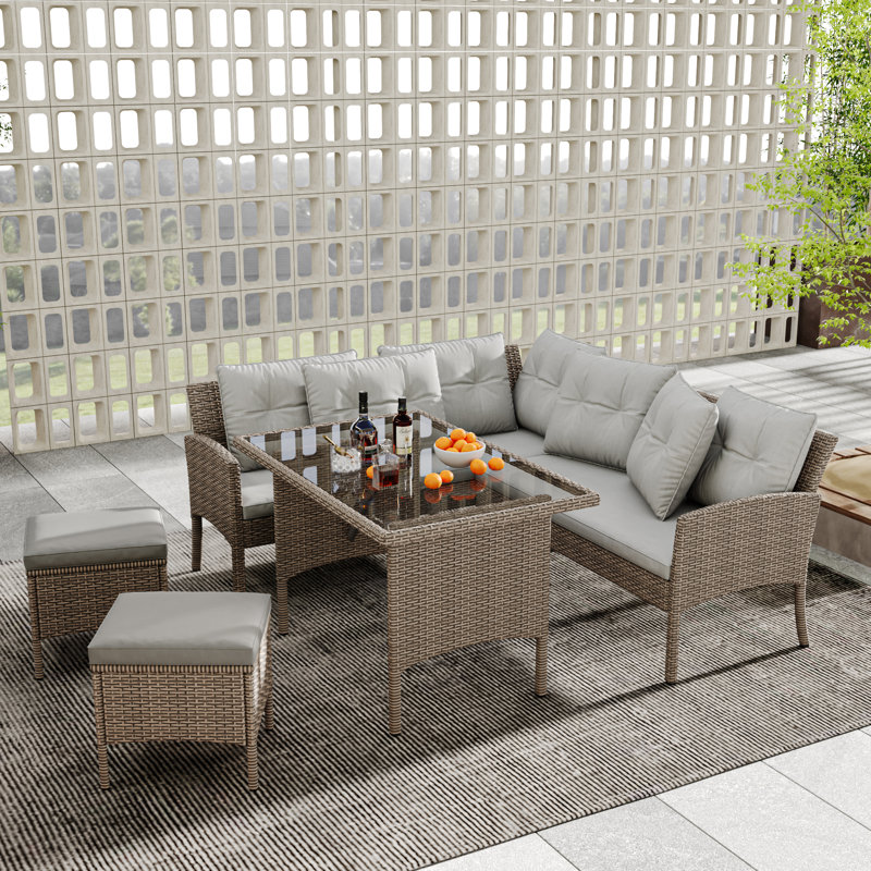 7 - Person Wicker Patio Dining Set with Rectangular Table, Beige, Beige