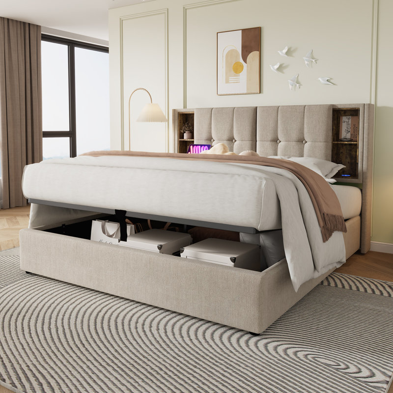 Upholstered Bed With Wireless Charging, Beige, 150 x 200cm