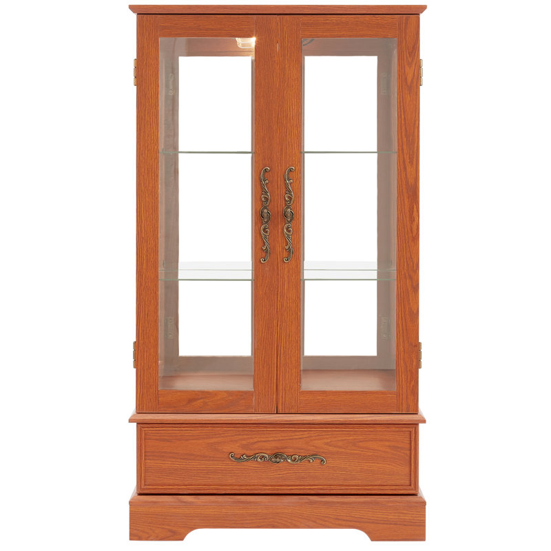 Verre foncé en chêne foncé, présentoir de pièces de monnaie, tablettes réglables, éclairage intérieur, sangle de surmatelas trempé, couloir