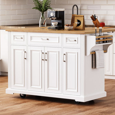 54inch Large Kitchen Island with Rubber Wood Drop Leaf, Embossed Texture Rolling Kitchen Cart on 4 Wheels with 4 Doors and 3 Drawers, Kitchen Island with Storage for Kitchen, Dining Room
