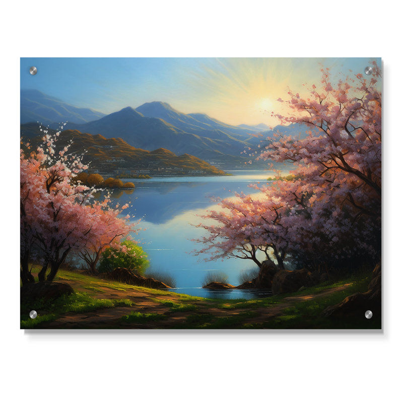 Fleurs de cerisier au bord de l'eau I - Art floral acrylique sur arbre, H 16 po x l 32 po