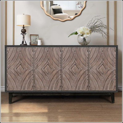 Buffet Mid-Century avec pieds en bois massif, rangement de cuisine de 60 pouces, 4 portes à motif de losanges, 2 tablettes, console de salon