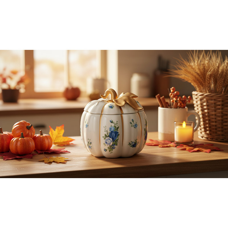 Pot de citrouille blanc avec motif de roses bleues 