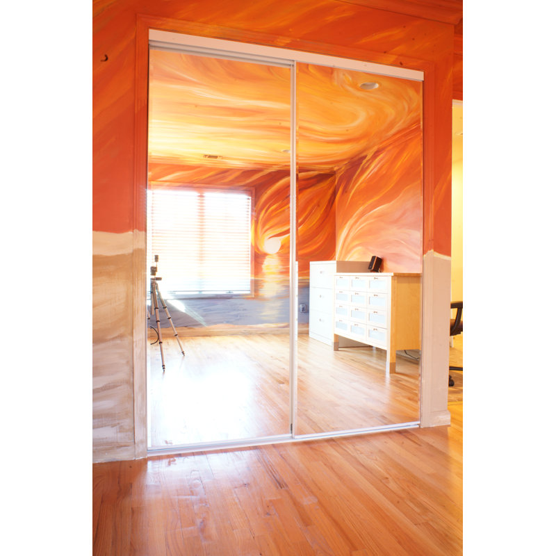 White Prefinished Mirrored Glass Smooth Sliding Closet Door, 60x80 inches