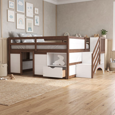Full Size Wood Low Loft Bed with Built-in-Stairs and Storage Drawer