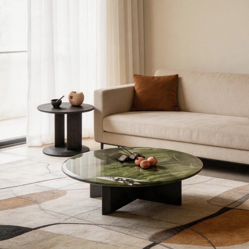 Round Coffee Table with Natural Green Marble Top, Ash Veneer Legs Matching Black Wood Side Table Modern Luxury Living Room Furniture