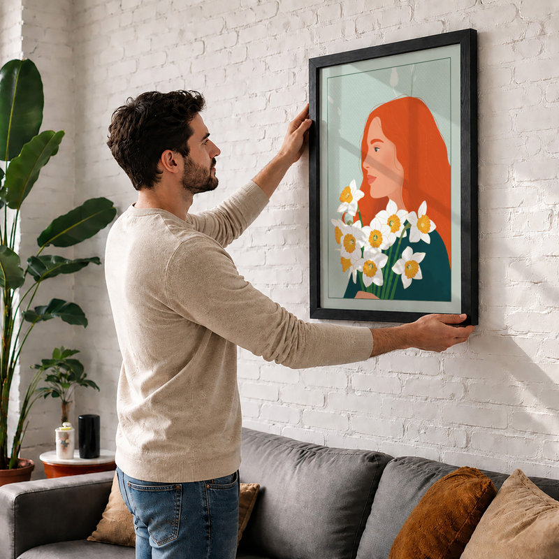 Woman with Spring Daffodils Botanical - Framed Print, A3 - 42.0 x 29.7 cm, Black