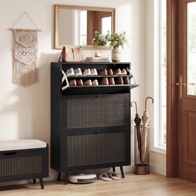 Shoe Storage Cabinet with 3 Flip Drawers, Fluted Panel Wooden Shoe Rack Organizer with Adjustable Shelves for Entryway, Hallway, Living Room, Black