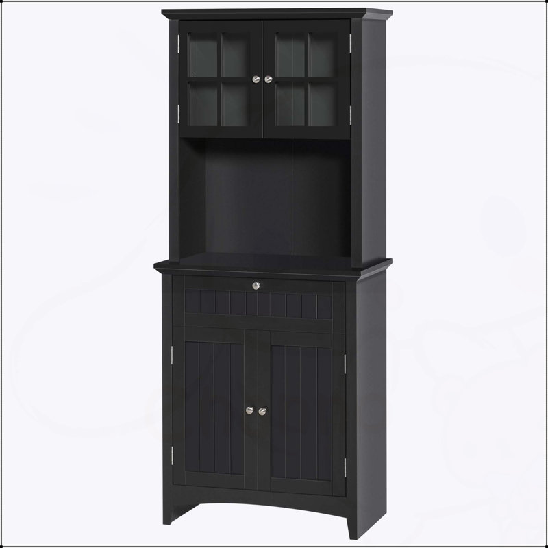 Élégant buffet avec huche, armoire de rangement spacieuse pour garde-manger, tablettes réglables, espace pour micro-ondes, noir