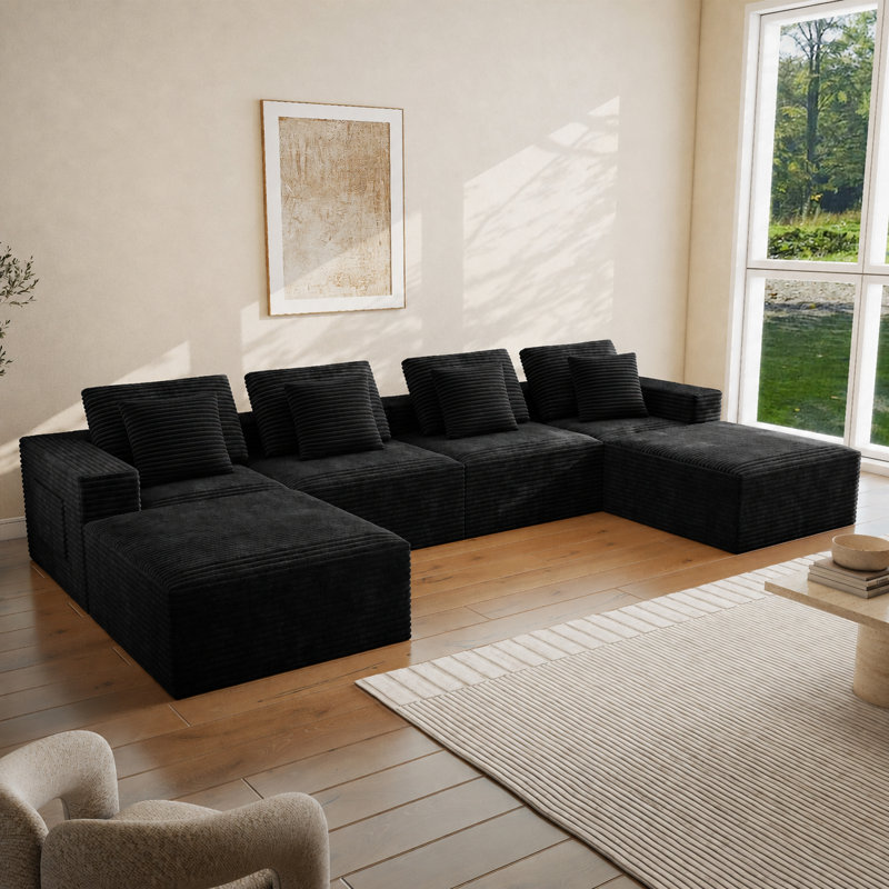 Canapé modulaire à compression en forme de U 141,7 po avec méridienne en velours côtelé noir Abdou