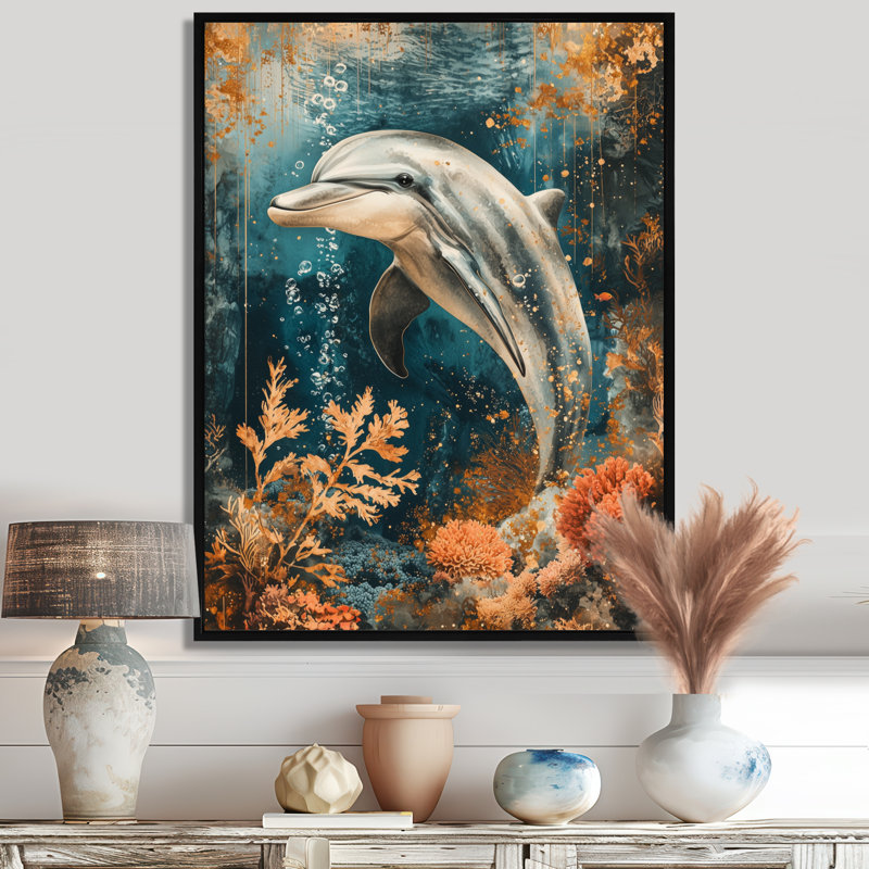 Azin, danse du dauphin au-dessus d'un corail III - art mural dauphin, Noir, Impression encadrée flottante, H 20 po x l 12 po