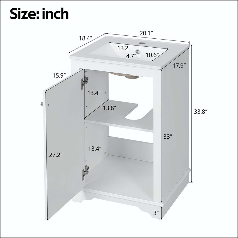 Meuble-lavabo de style shaker de 20 po avec porte à fermeture en douceur, White/Silver