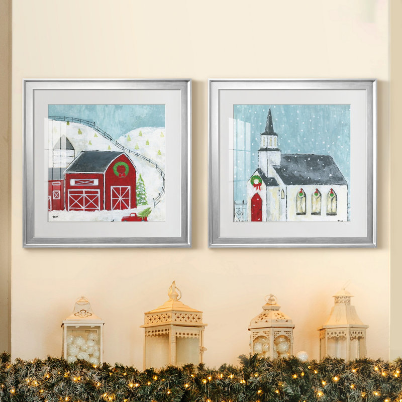 Christmas Barn - ensemble d'impressions 2 pièces, H 22,5 po x l 45 po x P 1,5 po, Papier avec cadre argenté, Blanc