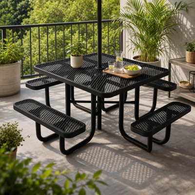 Ensemble de table de pique-nique carré en métal robuste, plateau de table carré 46 po avec 4 bancs intégrés, trou pour parasol de 2 po, acier enduit antirouille pour espaces extérieurs
