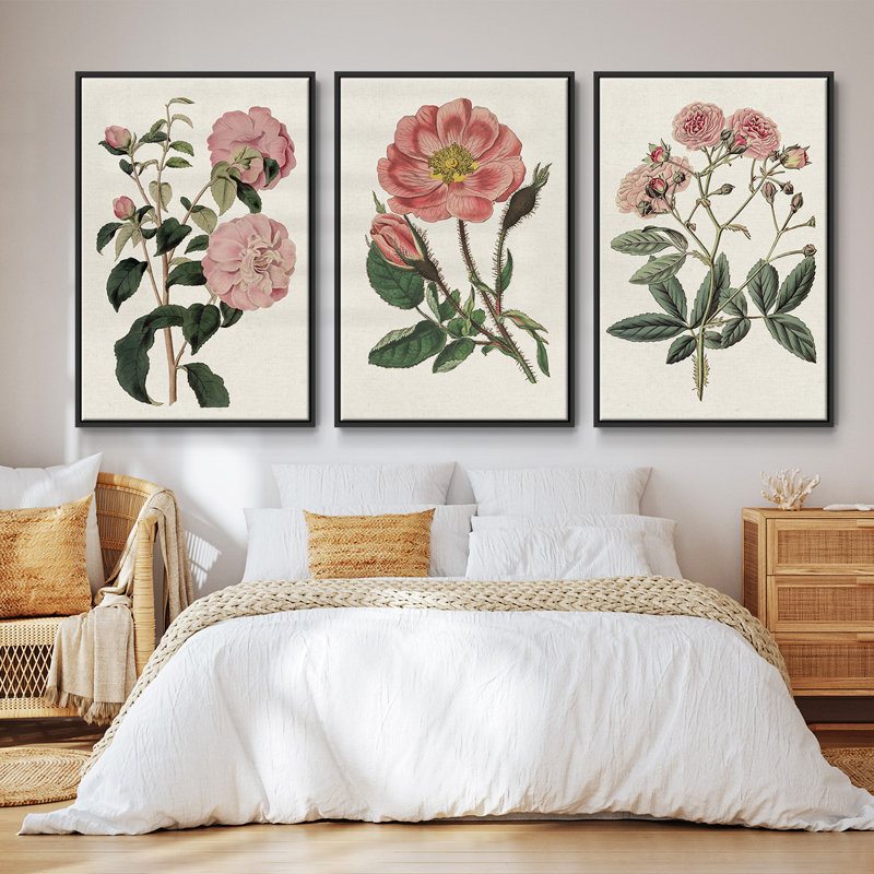 «Pink Floral Mix IV», ensemble de 3 pièces encadrées sur toile, Noir, H 36 po x l 72 po