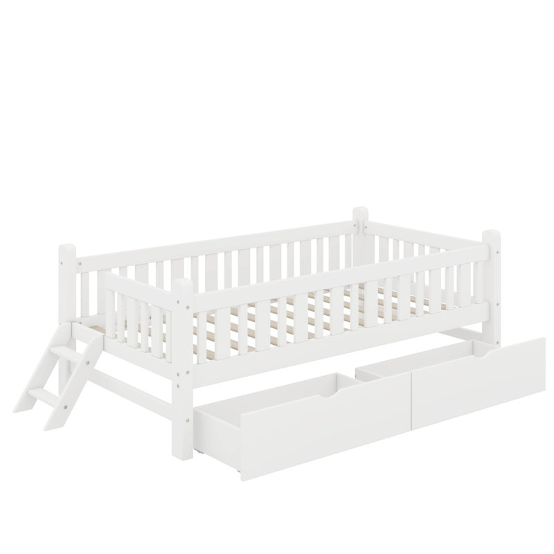 Wood Twin Size Platform Bed With Drawers And Guardrail, White