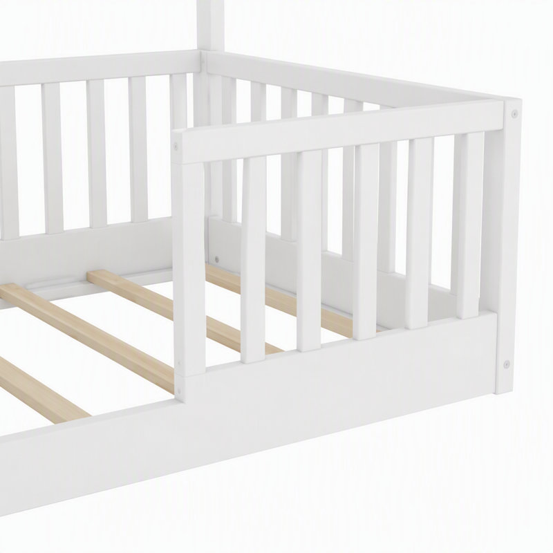 Lit sur pied avec rails hauts, lit Montessori en bois avec lumière, Double, Blanc