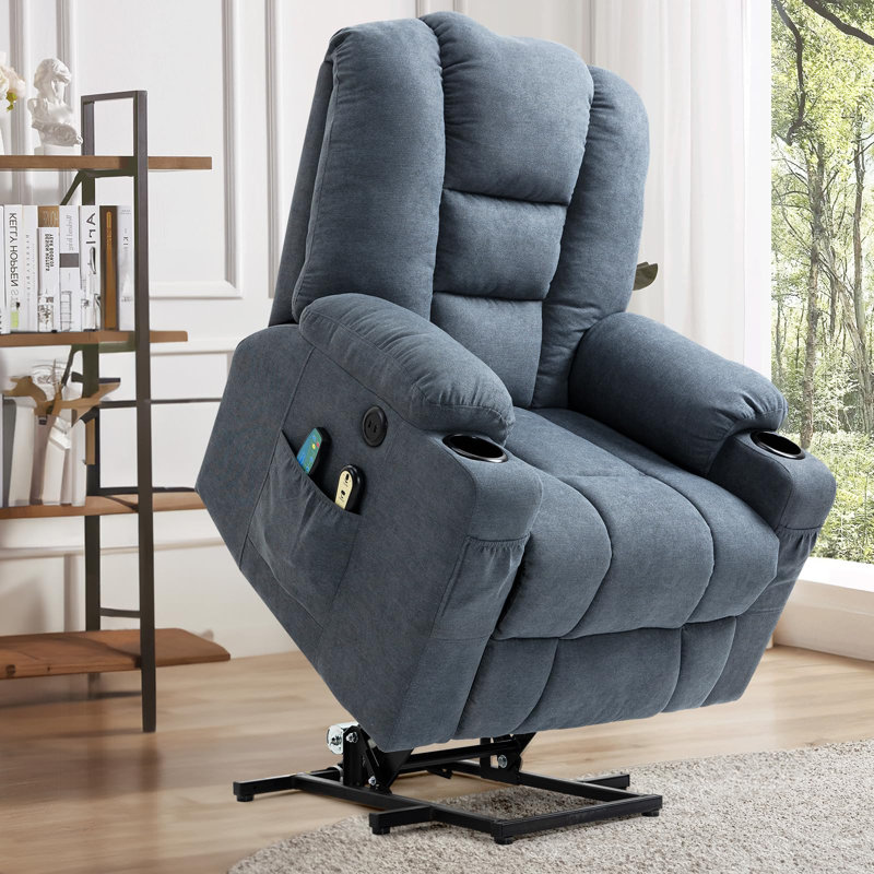  Electric Power Lift Recliner Chair With Heat & Massage For Elderly, Classic Ergonomic Single Lounge Sofa Home Theater Seat For Living Room With Side Pockets, Usb Port & 2 Cup Holders, Blue