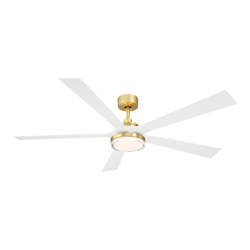 TorchAire 64 inch Indoor/Outdoor Ceiling Fan with LED CCT Select Light Kit - Brushed Satin Brass with Matte White blades