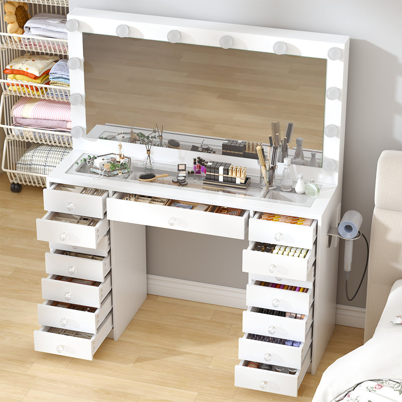Vanity Desk with Mirror and Lights Makeup Vanity with 15 Drawers, 12 LED Bulbs and  3 Color Brightness Adjustable, Vanity  Table for Bedroom, White