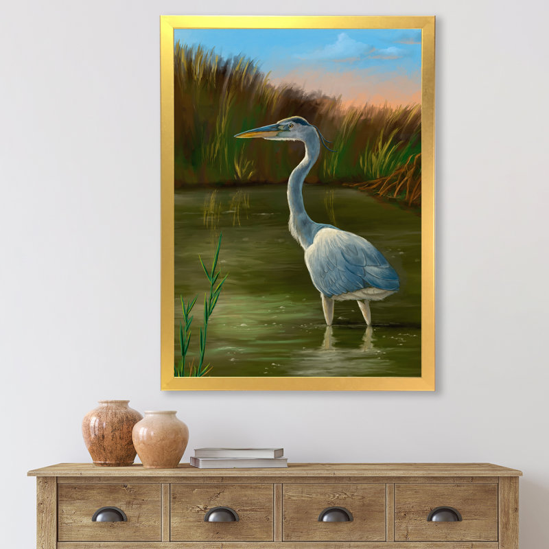 «Blue Heron Wetland Bird», cadre photo, impression sur toile, H 20 po x l 12 po x P 1po, Encadrement doré
