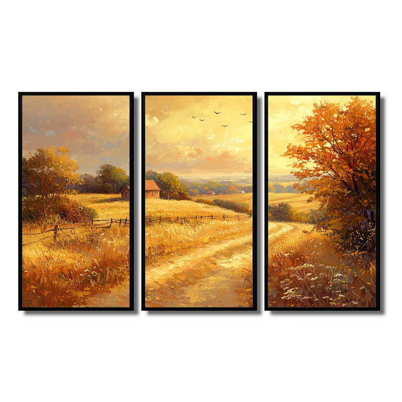 «Golden Hour» à la campagne III - campagne, art mural - ensemble de 3, H 28 po x l 36 po, Noir