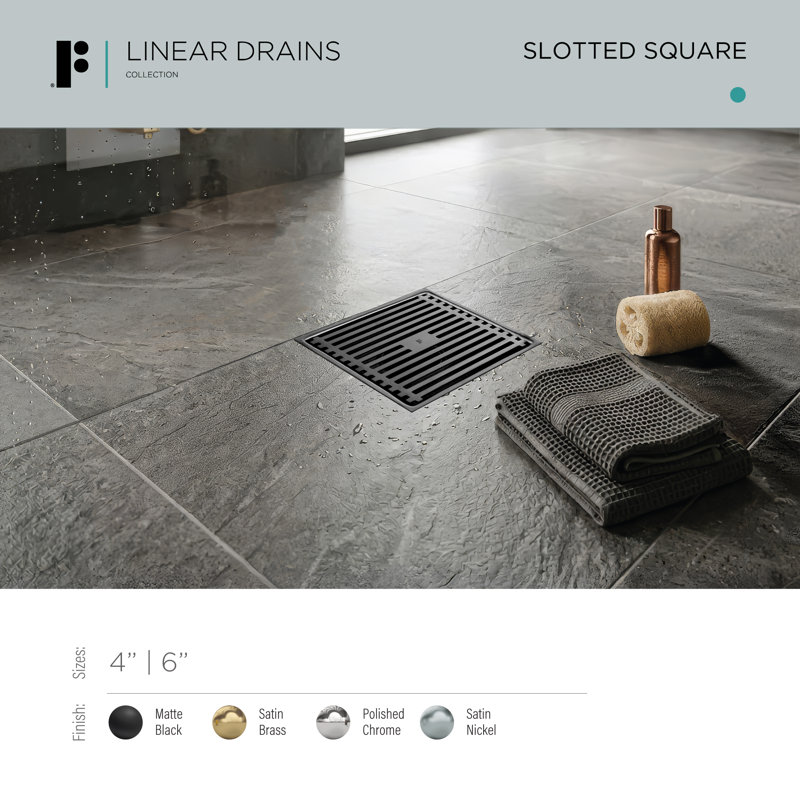 FINE FIXTURES Square Shower Floor Drain, 4 inch Slotted Grate Design, 10-Gauge 304 Stainless Steel, Center Outlet, Fast Drainage, Hair Strainer Included