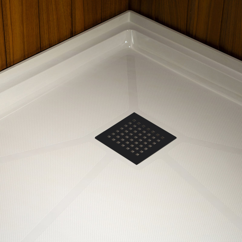 WOODBRIDGE 38 In. X 38 In. Solid Surface Neo-Angle Shower Base Pan Drain Cover, Matte Black/White