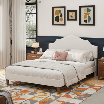 Très grande base de lit tapissier avec tête de lit ajustable, tissu en lin, blanc, aucun sommier tapissier requis