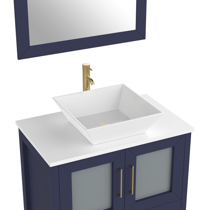 Ravenna 30" Freestanding Single Sink Bathroom Vanity with Engineered Marble Top and Matching Mirror, Blue, 30" W