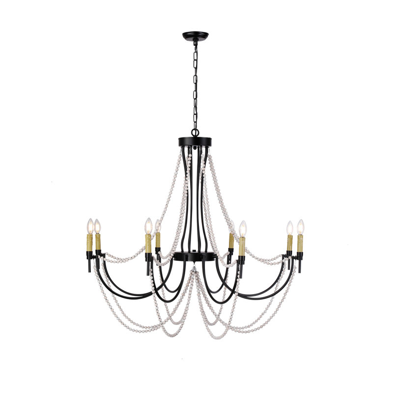 Lustre de plage rustique 8 lumières avec brins de perles en bois