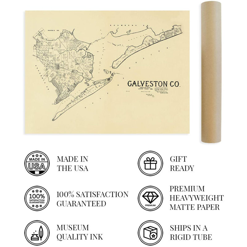 «1892 Galveston County Texas Map», art mural sur papier, H 24 po x l 36 po x P 0,1 po