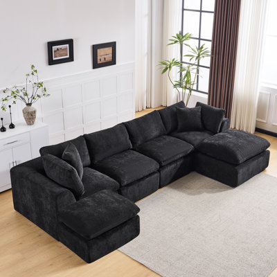  140" Boneless U-Shaped Sectional Sofa with 2 Ottoman, 6-Piece Reversible Chenille Couch for Living Room, No Assembly Required, Black