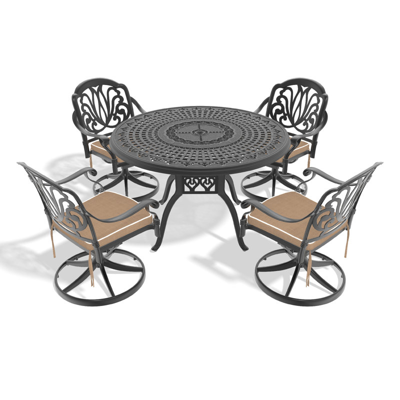 Ensemble de salle à manger 5 pièces en aluminium coulé résistant aux intempéries, comprenant 4 chaises pivotantes et une table ronde de 47,24 po avec structure noire