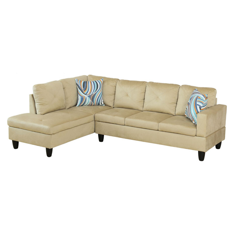 Upholstered L-Shaped Sectional, Beige Velvet, Left Hand Facing
