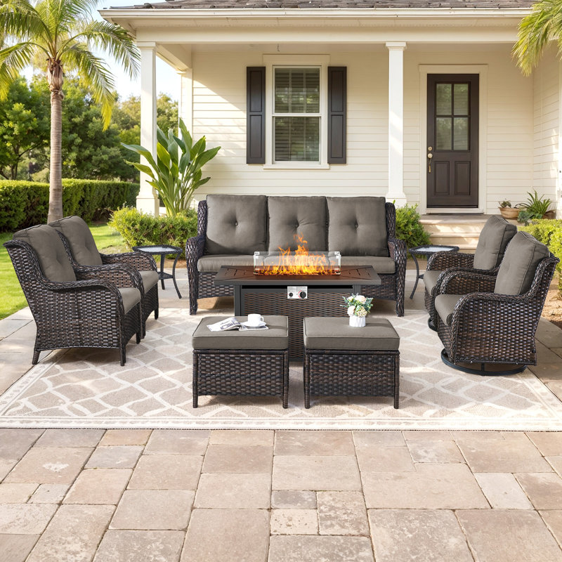 Wendye 10-Piece Outdoor Wicker Patio Set With Swivel Glider Chairs & 55,000 BTU Fire Pit Table, Gray