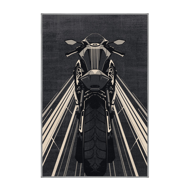 Machine Washable Potts Sport Motorcycle Sleek & Chic Modern Geometric Rug in Gray – Gray Binding, 2x3